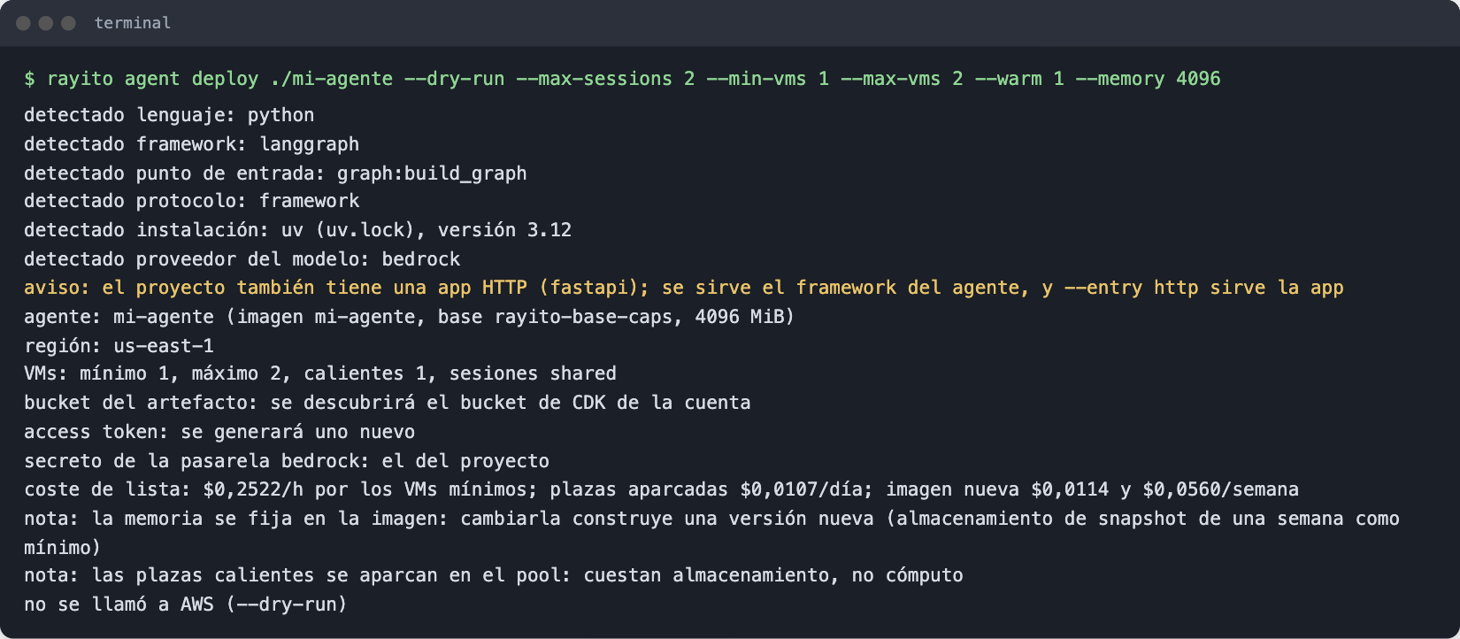 Resultado de rayito agent deploy --dry-run: el plan, los VMs, el bucket, el secreto y el coste de lista