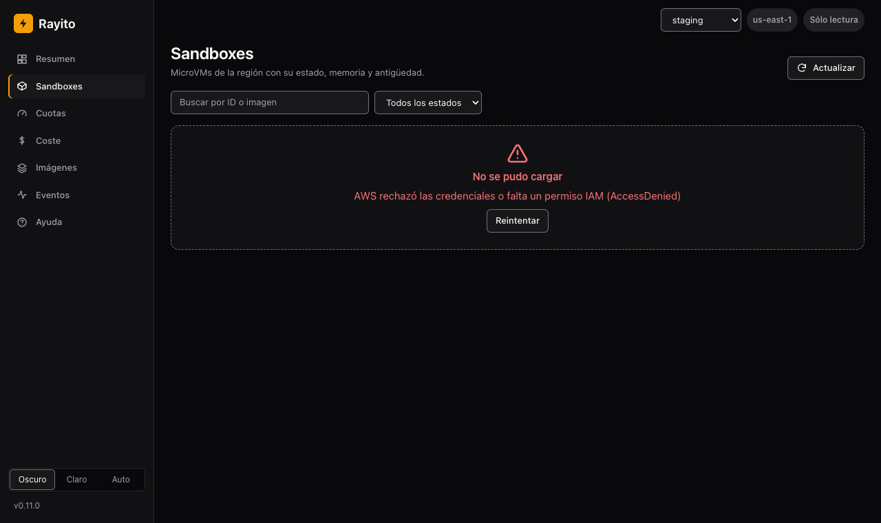 Selector de cuenta con una cuenta de ejemplo que AWS rechaza: aviso «No se pudo cargar» con el código AccessDenied