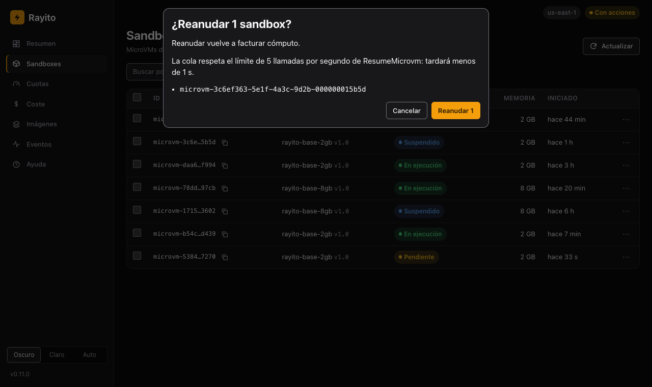 Confirmación antes de reanudar un sandbox