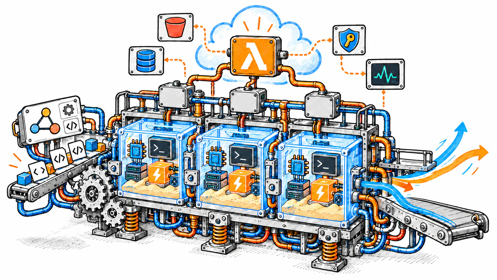 Rayito illustration: an agent sends code to three isolated sandboxes on AWS Lambda MicroVMs; two cats run the machine and the results leave on a conveyor belt.